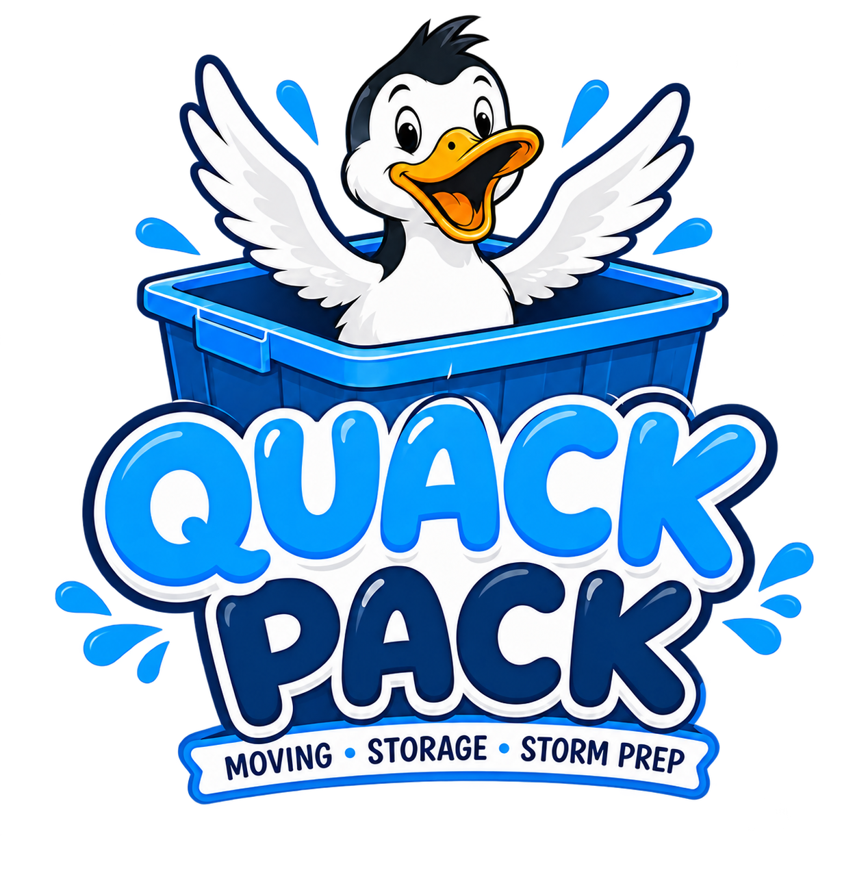 Quack Pack mascot: a duck in a blue moving bin